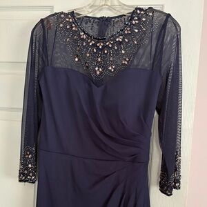 Alex Evenings Midnight Blue Dress with Embellished Sheer Sleeves